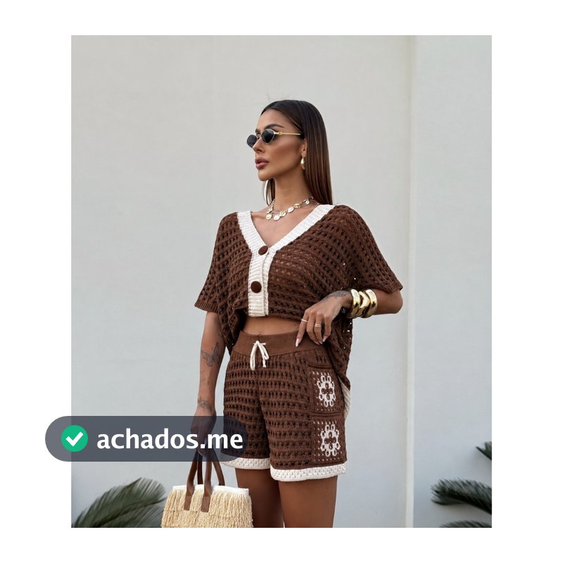 Conjunto Tricot Feminino Crochê Rendado Camisa Max Colete e Short Forrado Elegante Confortável Boho Chic Tendência Verão