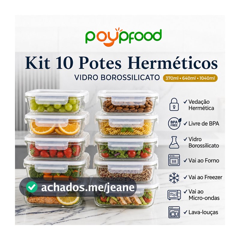 Kit 5/ kit 10 Potes de Vidro 640ml Hermético Marmita Fit com Tampa 4 Travas Poupfood