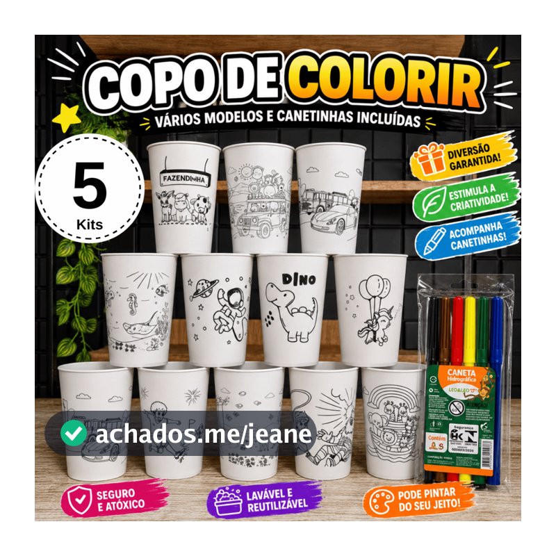 Copo de Colorir + Canetinha 5 Kits Várias Estampas Copo Lembrancinha Aniversário Festas Crianças.