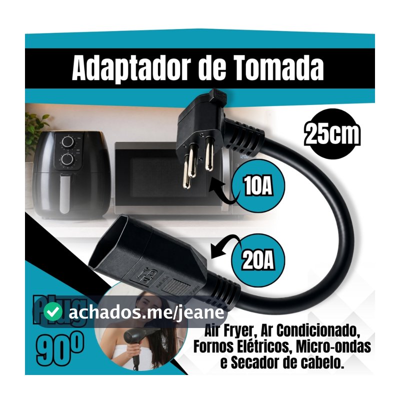 Adaptador Tomada 20A para 10A 90° Reforçado Cabo 25cm 127/220V 3 Pinos Macho 10A Fêmea 20A Isotel Brasil