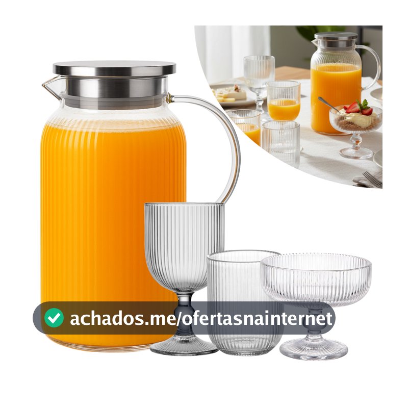 Conjunto Jogo 6 Taças Canelada 380ml Jarra Borossilicato 1,5l Vidro Listrada Sobremesa Buffet Bar Restaurante
