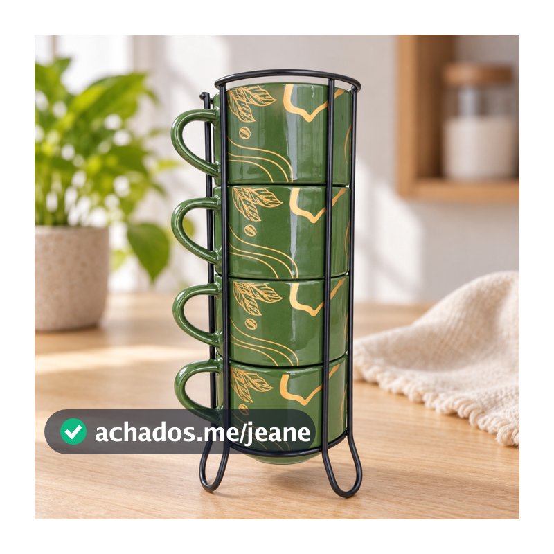 Kit Jogo de 4 Xícaras Café Chá empilhável Verde Linha Café detalhes Dourado com Suporte Metálico