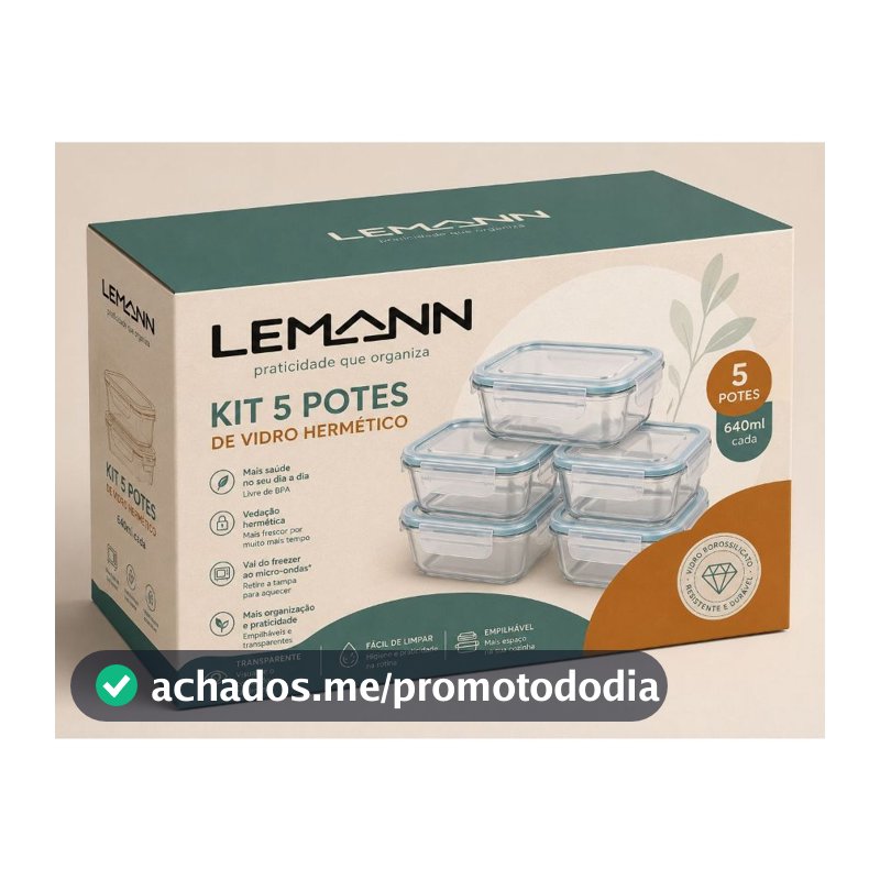 Kit 5 Potes De Vidro 640ml Marmita Hermético Borossilicato Freezer Fitness Forno Micro-ondas