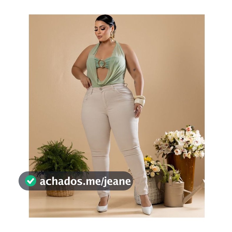 Calça jeans Feminina Plus Size Bege Com Lycra
