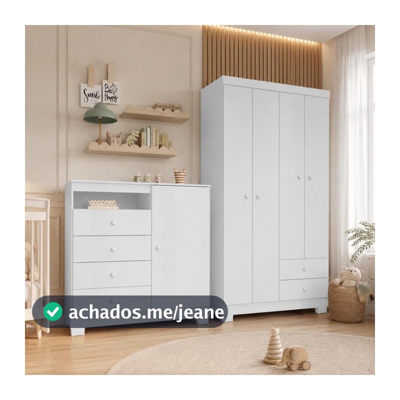 Guarda Roupa Infantil 4 Portas 2 Gavetas Com Cômoda 1 Porta 4 Gavetas Aquarela Branco Azul e Rosa  Clique Chique Móveis