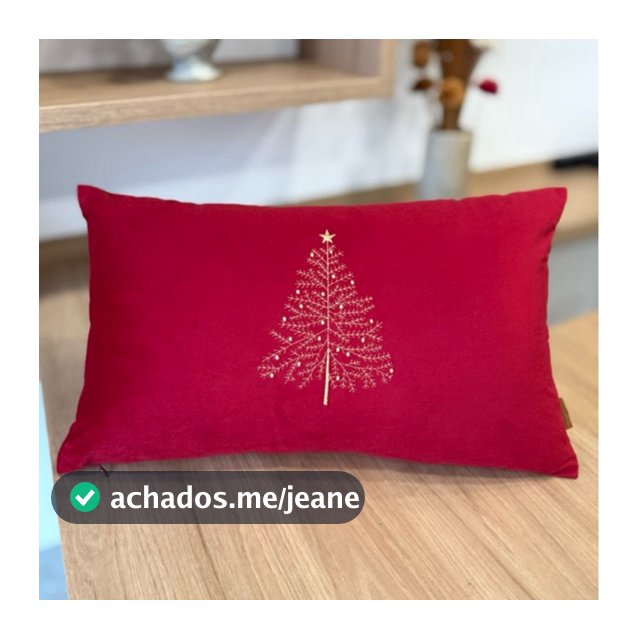 Almofada Natal Bordada Veludo Vermelho com Árvore Dourada Decoração Natalina Presente c enchimento