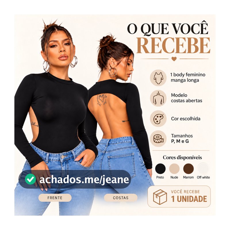 Body Milão Feminino Manga Longa Costas Abertas Costas Nua Recorte Suplex Premium Moda Gringa