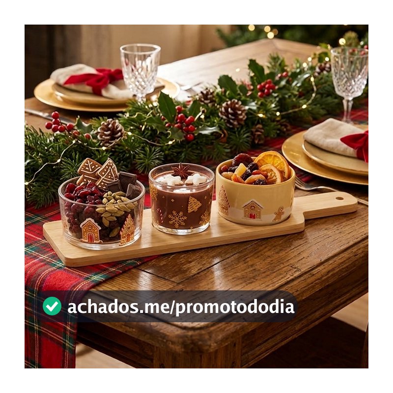 Conjunto 4 Peças para Servir Encanto de Natal Petisqueira 37cm x 10cm x 6cm Bambu Lyor para Petiscos e Castanhas na Ceia