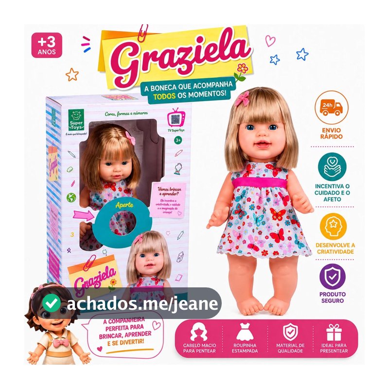 Boneca Graziela Fala 60 Frases Educativa Ensina Cores, Números e Formas Brinquedo Infantil - Super Toys