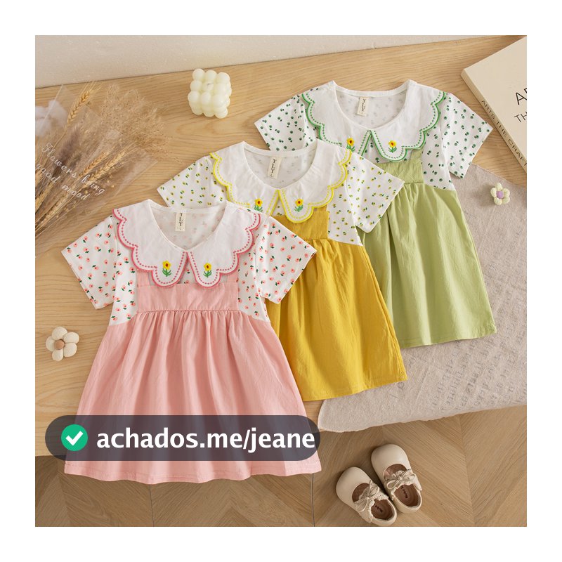 Vestido De Verão Estampado Com Flores Para Meninas Recém-Nascidas , Bordado Gola De Boneca E Patchwork