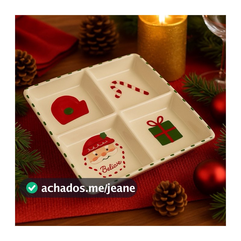 Petisqueira Natalina de Porcelana 4 Divisórias  Prato Decorado para Mesa Posta de Natal