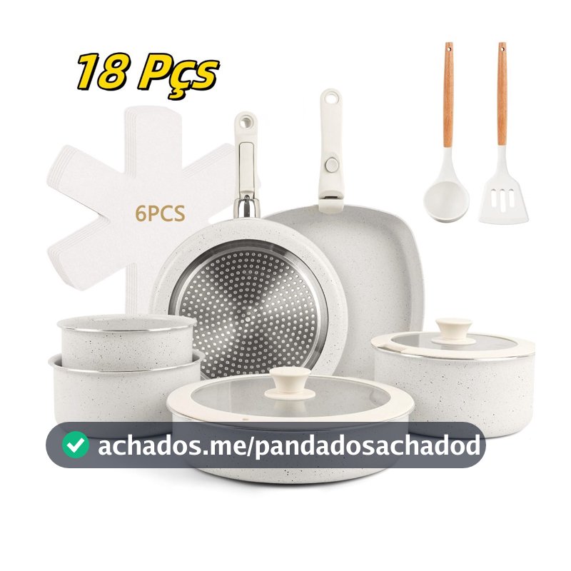 Jogo de Panelas de 18 Peças com Fundo Triplo Cerâmico, para Indução e Gás, com Cabo Removível
