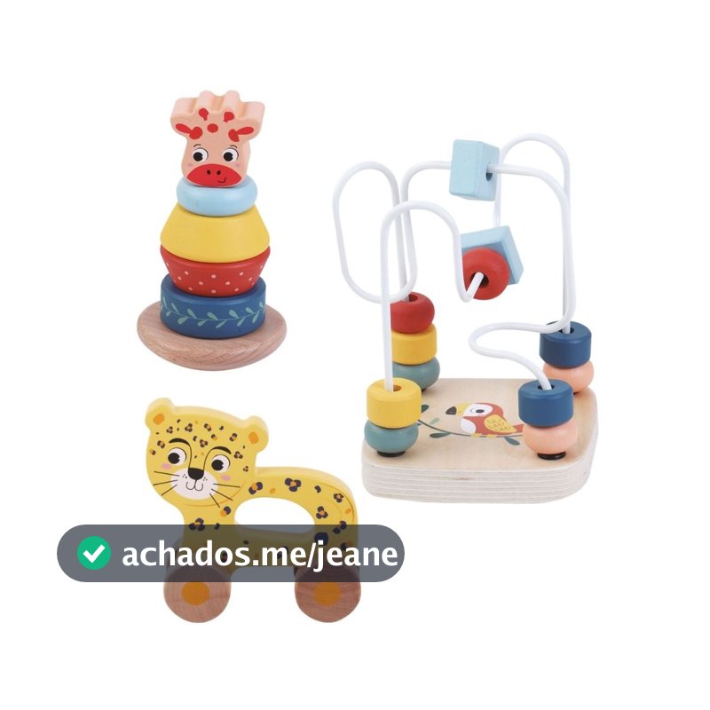 Kit 3 Brinquedos Didático Montessori Bebê Madeira Torre Empilhar Educativa Zoo Wooden Maxi Baby