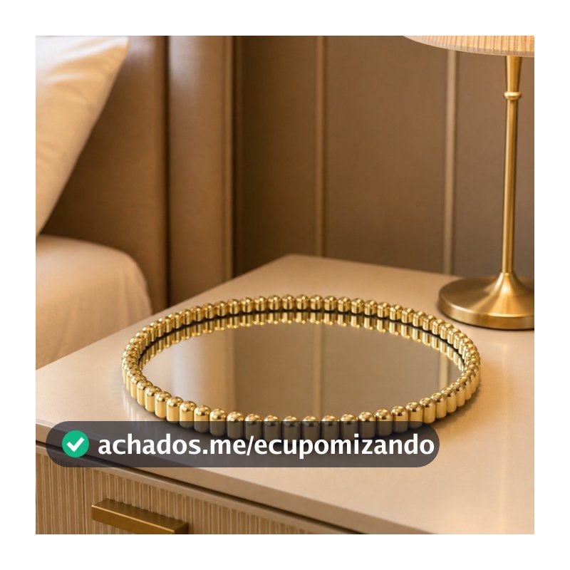 Bandeja Espelhada Dourada 22cm Redonda Decorativa Luxo para Perfumes Maquiagem Joias