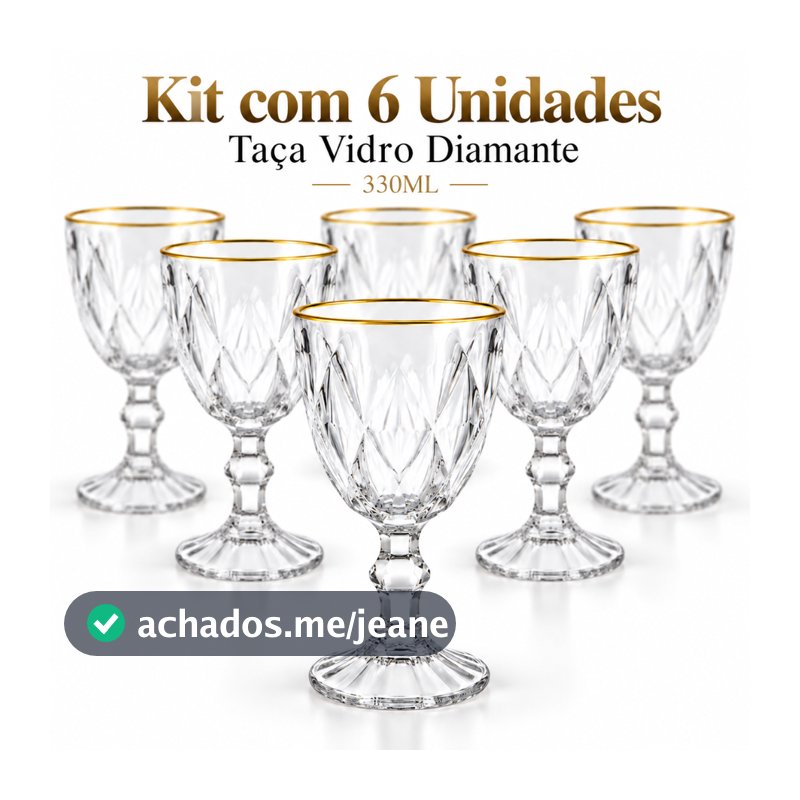 Kit 6 Taça de Vidro Diamante 330ml Facetada Vinho Elegante