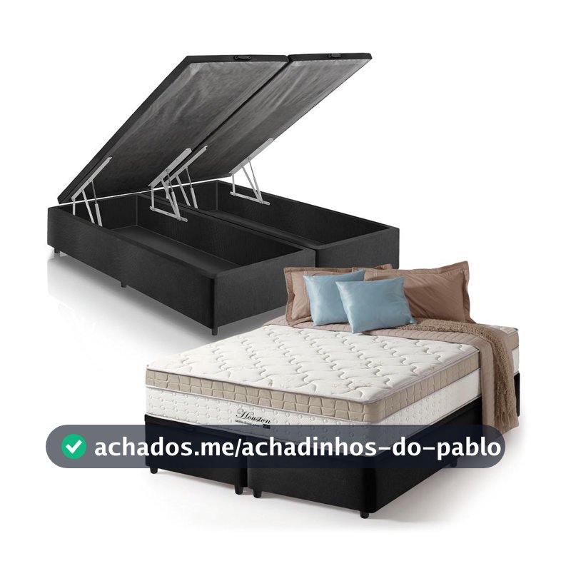 Cama Box Baú Queen Bipartido Preto + Colchão Molas Ensacadas Pillow In Zidi Houston 158x198x70cm