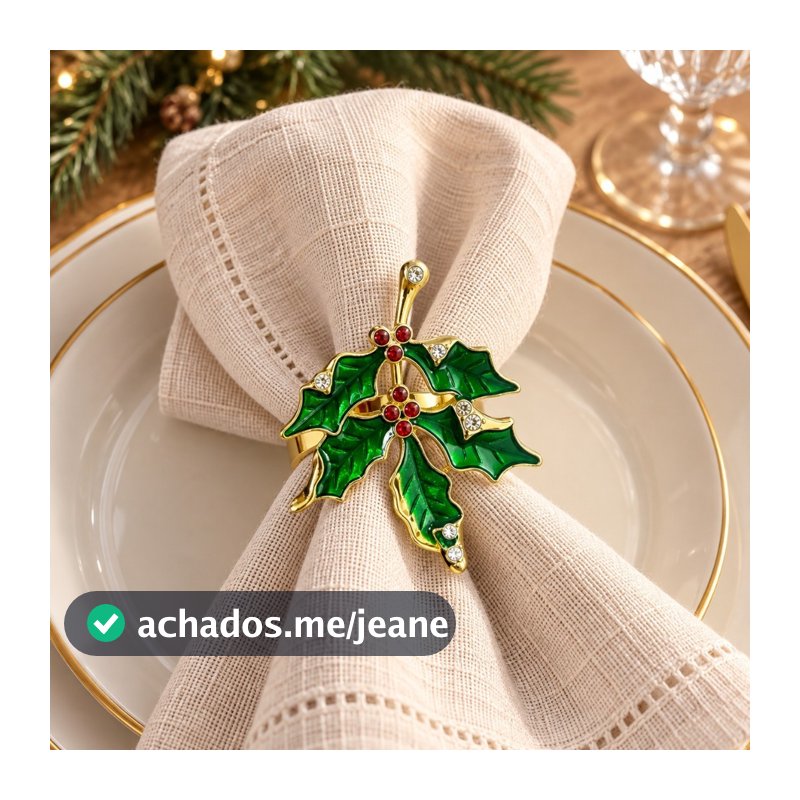 Anel de Guardanapo Natal Luxo Dourado com Folhas Verdes e Pedrarias | Porta Guardanapo para Mesa Posta de Natal