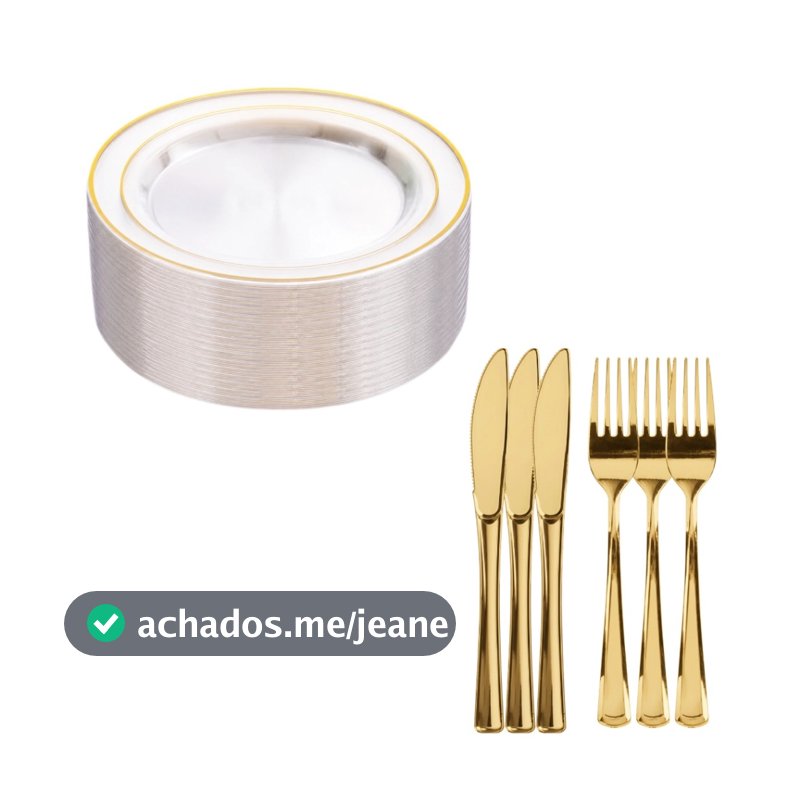 Kit Luxo Descartável Festa para 25/50 Convidados: Pratos de Jantar Transparente com Borda Dourada, Garfos e Facas