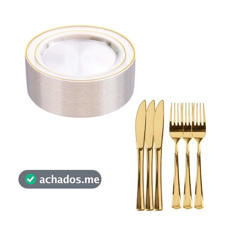 Kit Luxo Descartável Festa para 25/50 Convidados: Pratos de Jantar Transparente com Borda Dourada, Garfos e Facas