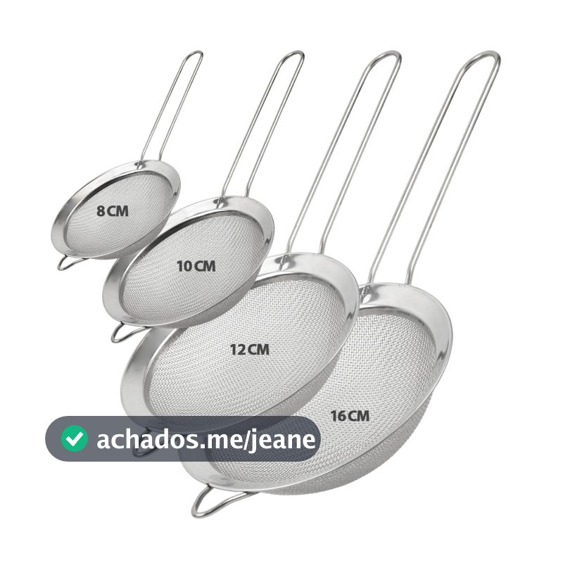 Kit 4x Peneira Inox 8/10/12/16cm para Cozinha Drinks Confeitaria Polvilhar Peneirar Açúcar Farinha