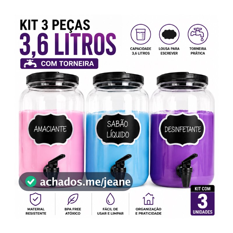 Kit 3 Porta Amaciante Sabão Em Pó Liquido 3,6 Litros Dispenser Com Lousa Para Escrever Organizador