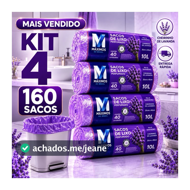 Kit 4 Rolos Sacos de Lixo 10L 160 Unidades Perfumado Cheiroso Lavanda Tira Odores Pia Banheiro