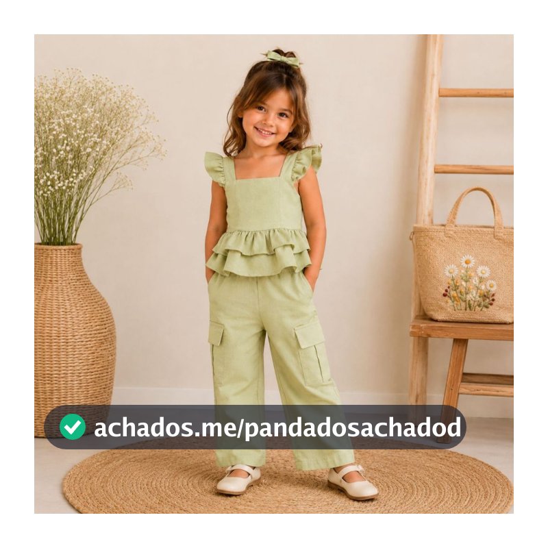 Conjunto Feminino Juvenil Calça Cargo e Blusa com Babado Lastex Look Fashion