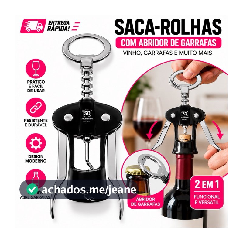 Saca Rolha Abridor de vinho e de Garrafas em Inox e Emborrachada Santiago