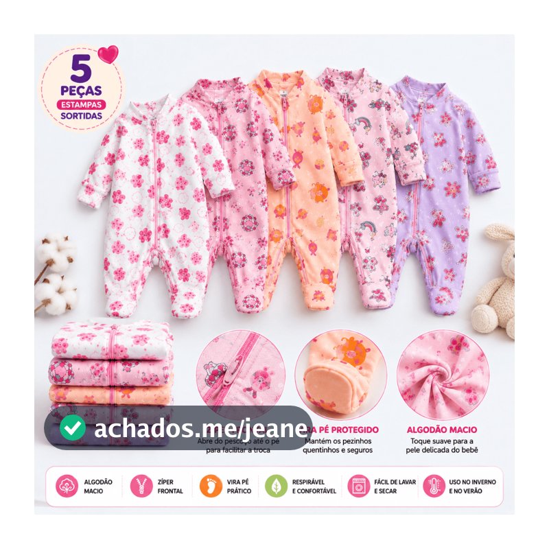 5 Macacões Bebê Estampado Vira Pé com Zíper Menina 100% Algodão