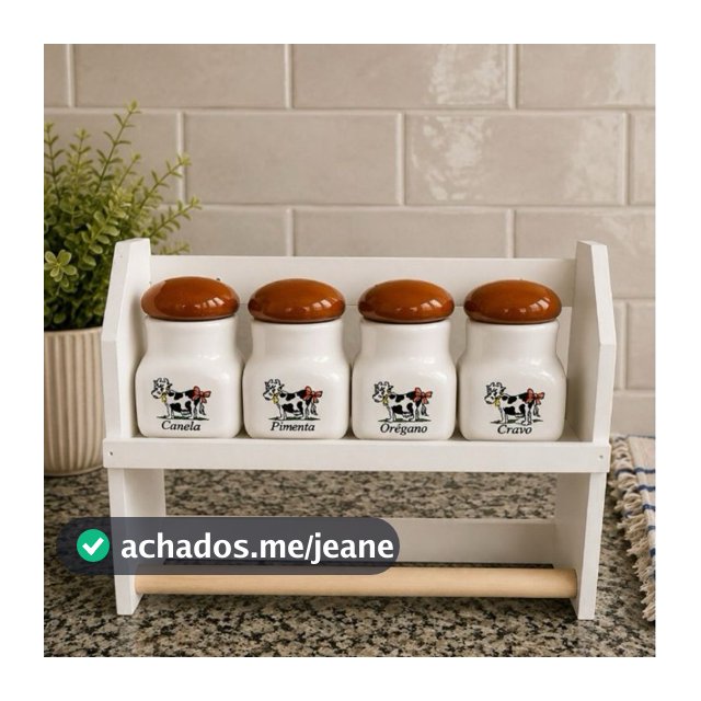 Porta Condimentos Vaquinha com 4 Potes em Cerâmica e Suporte para Cozinha