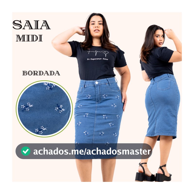 Saia Jeans Midi Evangelica Com Bordado Em Galhos Cintura Alta com Lycra Premium Na Cor Cristal