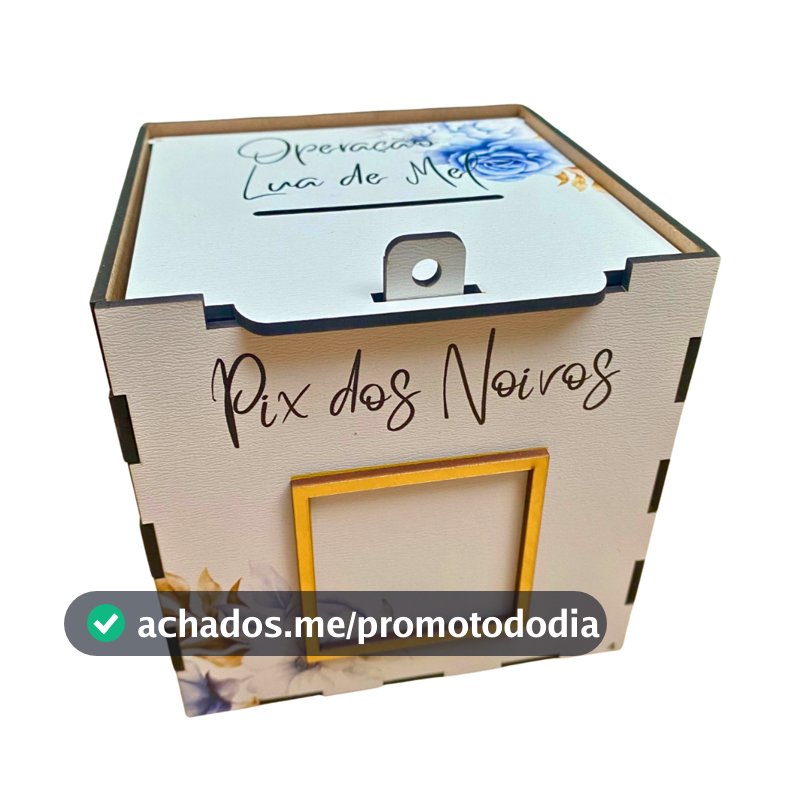 Caixa Cofre para Pix Casamento 13x13cm – Estampa Flores Azuis MDF Branco