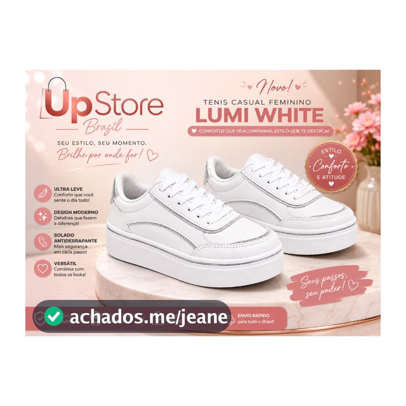 👟 TÊNIS CASUAL FEMININO LUMI WHITE, Elegância, conforto e versatilidade em um só tênis! cod. 038