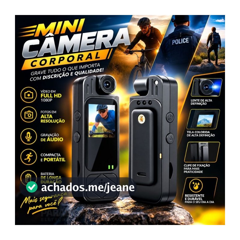 Câmera de Ação Full HD 1080p Esportiva de Desporto 180º Body Cam Filmadora Esportes Á Prova d'Água
