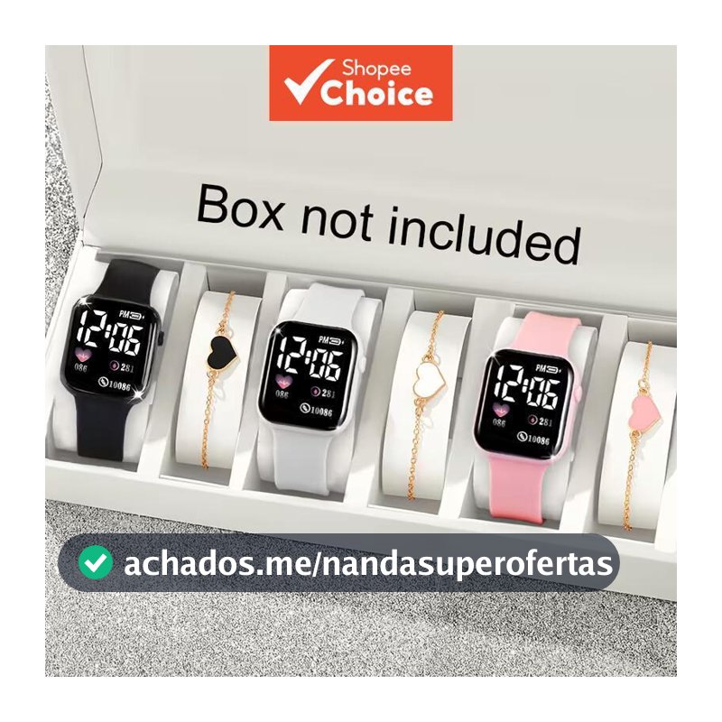 Conjunto de 6 Peças: Relógio Digital Feminino e Pulseira Coração | Pulseira de Silicone, Joia Minimalista, Presente
