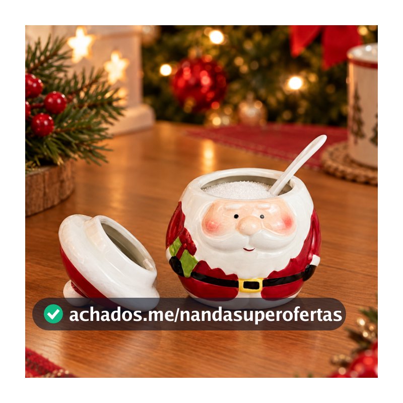 Pote Cerâmica Papai Noel com Colher para Açúcar Sal Farinha Mesa Natal