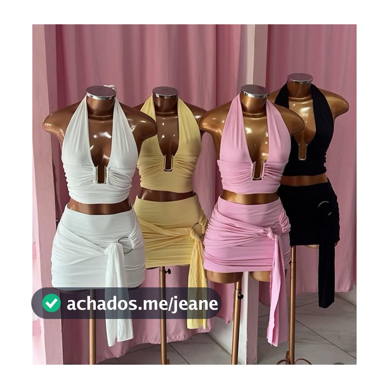 Conjunto Feminino Cropped E Saia Com Fivela Dourada Moda Blogueira