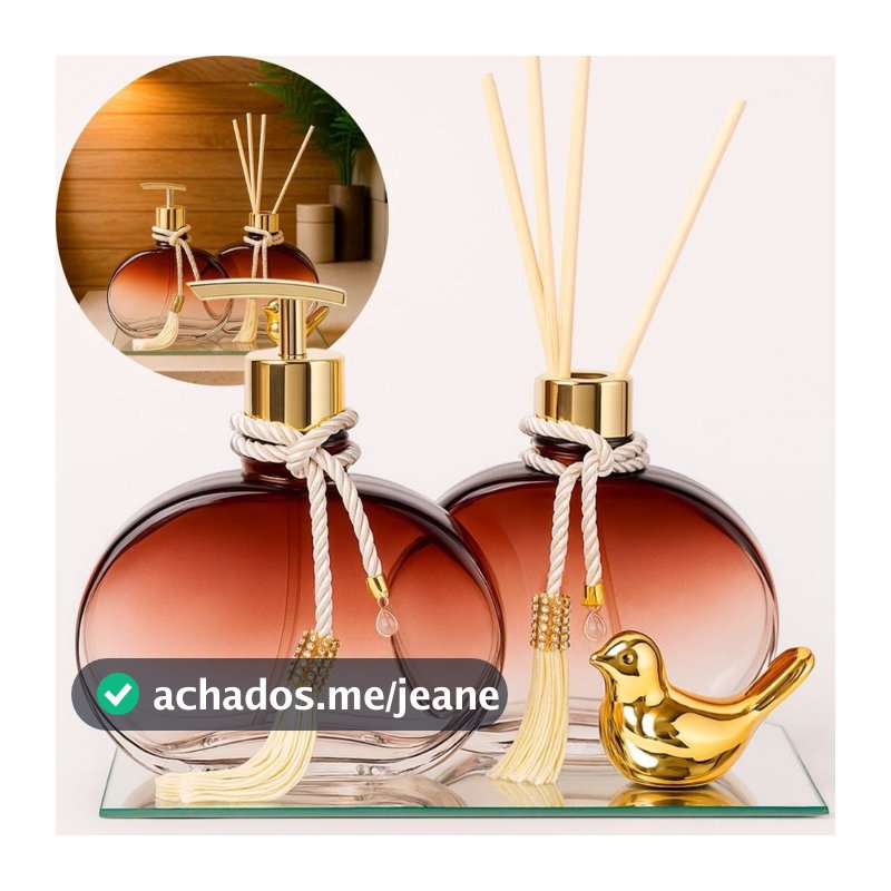 Kit Lavabo Jolie 300ml  Vidro Degradê Marrom com Bandeja Difusor Saboneteira e Passarinho Decorativo