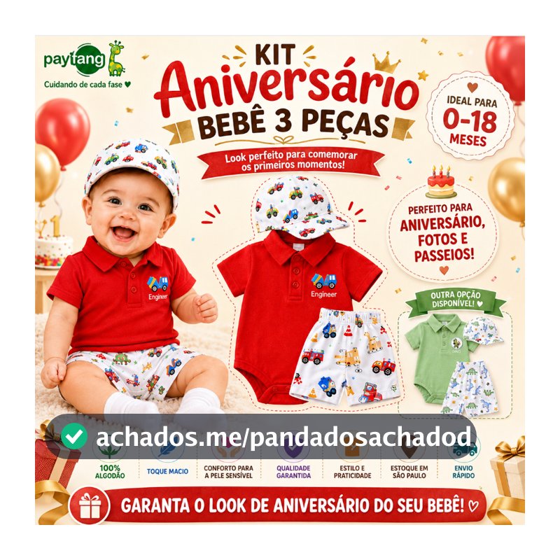 Conjunto Bebê Menino 3 Peças Body Polo Shorts Boné 100% Algodão 0 a 18 Meses Estampa Carros