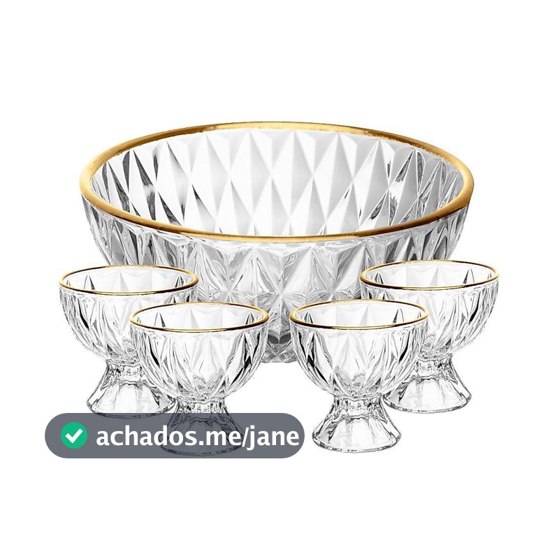 Conjunto 1 Bowl 1L e 4 Taças 120ml Diamond Lyor Cristal com Fio de Ouro para Sobremesas Doces Frutas Mousse Pavê 5 Peças