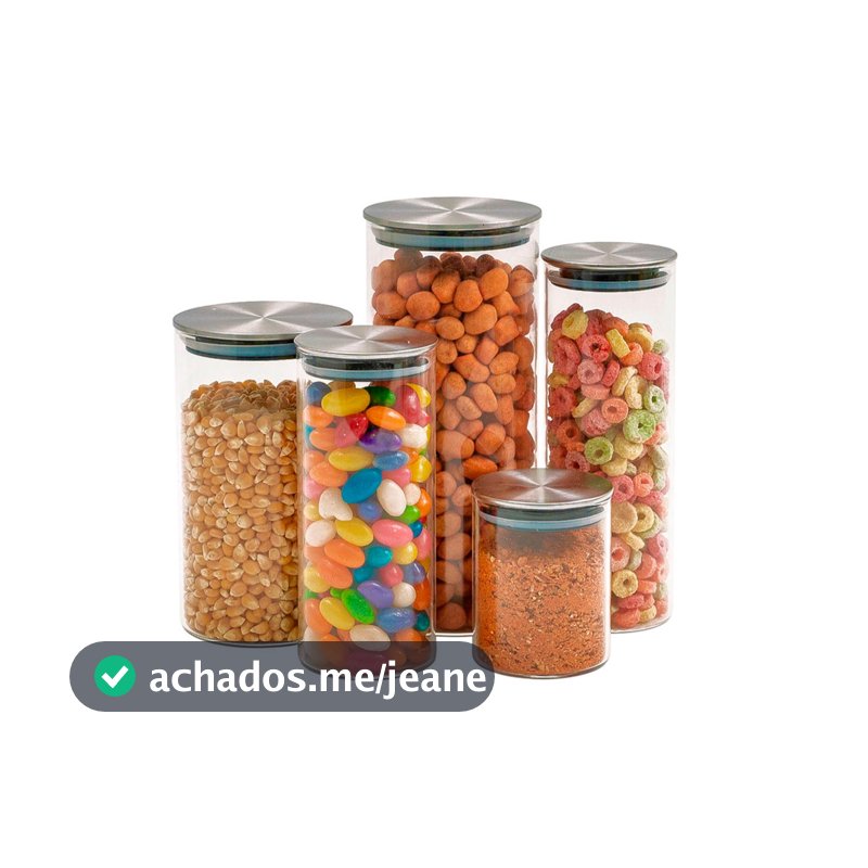 Kit 5 potes de vidro com tampa inox hermético redondo mantimento - Tud