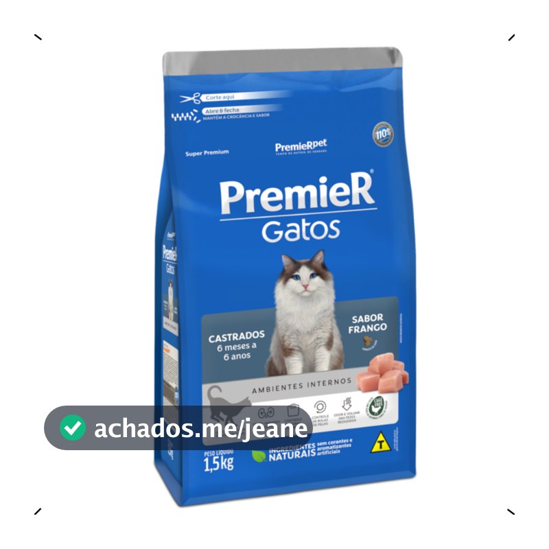RAÇÃO PREMIER AMBIENTES INTERNOS GATO CASTRADO FRANGO 7,5KG