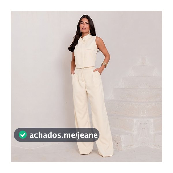 Conjunto Feminino 2 Peças Colete Cropped Gola Padre Botão Dourado e Calça Pantalona Alfaiataria Cintura Alta
