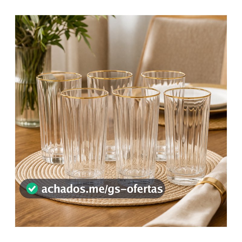 Jogo 6 Copos Altos Com Borda Dourada Em Vidro 370ml Bebidas