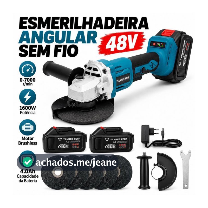 Esmerilhadeira Angular 115mm 48V Brushless 1600W 2 Baterias 4.0Ah Sem Fio Corte Lixa Desbaste