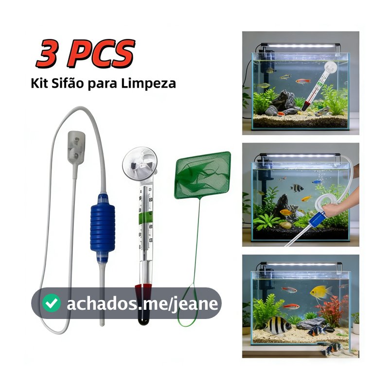 Kit 3 Completo Sifão Limpeza Aquário - Termômetro E Rede Com Ventosa