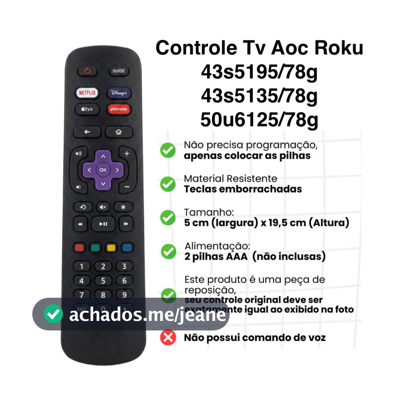 Controle Remoto TV Smart AOC Roku 32S5195/78G 43S5195/78G Netflix GloboPlay DAZN Deezer 9091