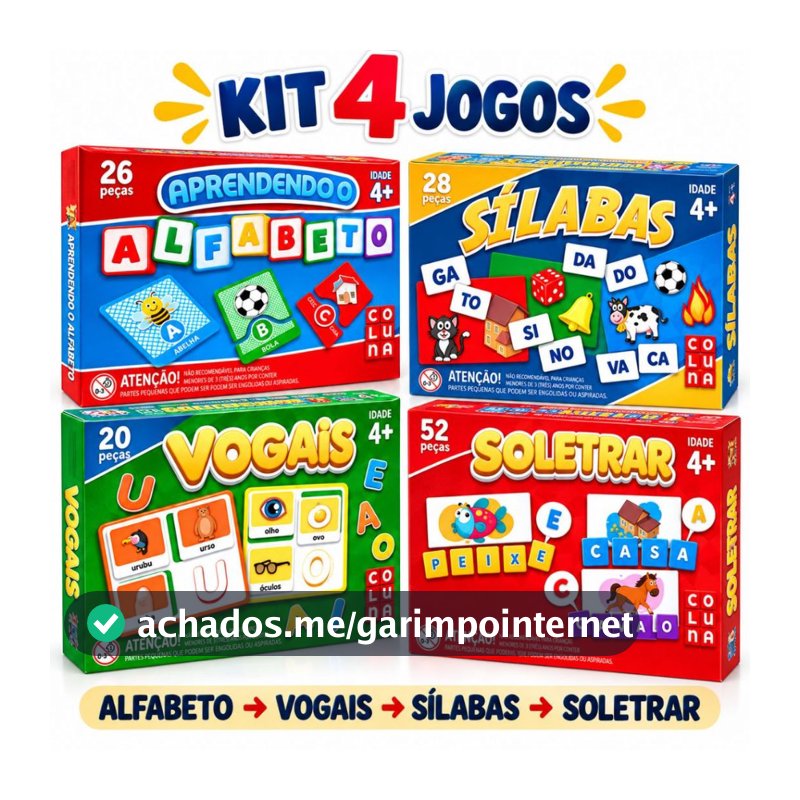 Kit Brinquedo Pedagógico Educativo 4 Jogos Vogais + Sílabas + Soletrar + Alfabeto - Pais E Filhos