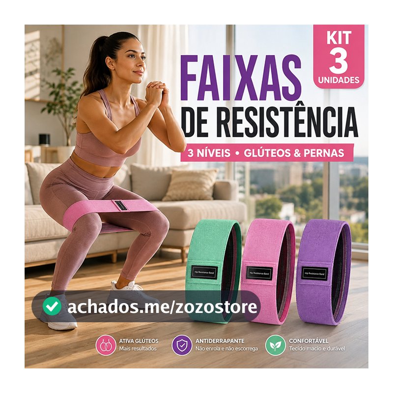 Faixas de Resistência Elástica de Algodão Kit 3 Níveis Antiderrapante para Glúteos Pernas Fitness