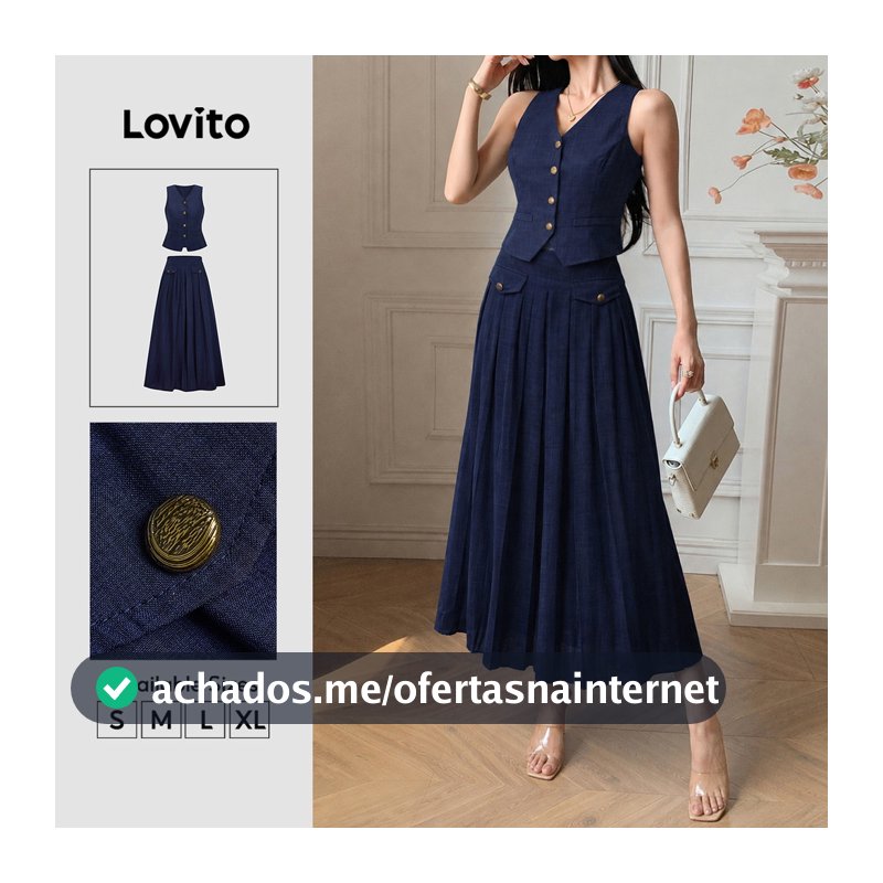 Lovito Tops ou Saias Elegantes com Botões Frontais Franzidos Azulmarinho para Feminino KSK8BR162
